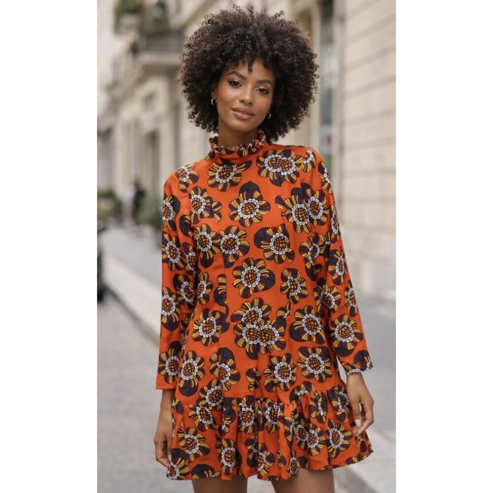 ANTHROPOLOGIE TRAFFIC PEOPLE Retro Floral Mini Dress Orange 1960s Flower Power
